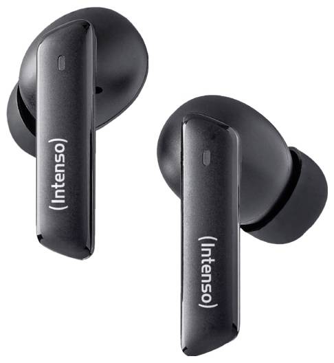 Schwarze kabellose Ohrhörer mit ergonomischem Design, Markenname 'Intenso' auf den Rückseiten. Geeignet für Musik und Anrufe.