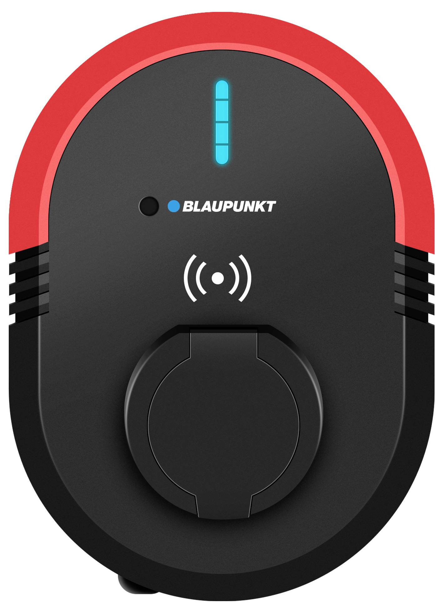Ladegerät von Blaupunkt, schwarz-rot, mit LED-Anzeige und kabellosem Ladezeichen.