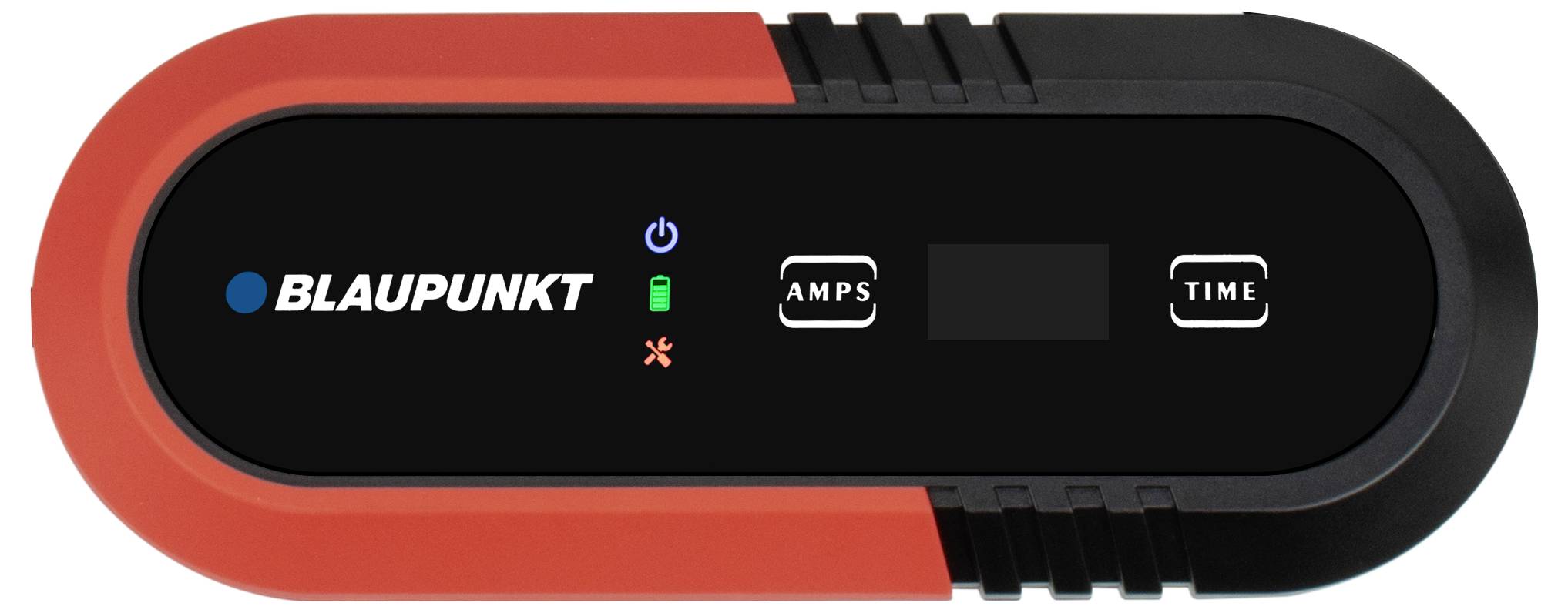 Tragbarer Batterie-Ladegerät von Blaupunkt. Das Display zeigt Optionen für Ampere und Zeit. Design in Rot und Schwarz.