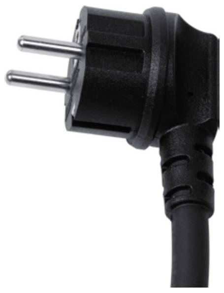 Ein schwarzer, abgewinkelter Eurostecker mit zwei runden Metallstiften, an einem schwarzen Kabel befestigt.