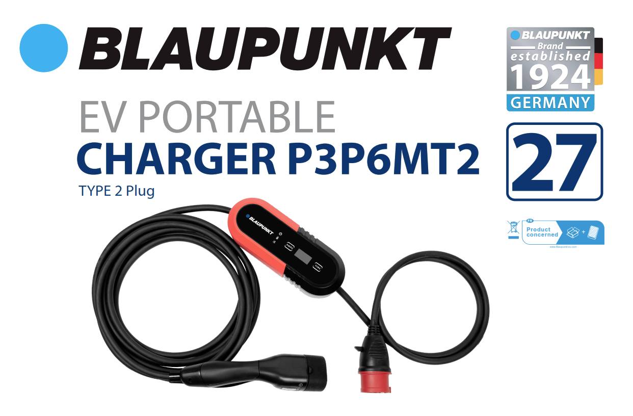 Ladestation BLAUPUNKT EV P3P6MT2, tragbar, Typ 2 Stecker. Gegründet 1924, Deutschland. Marke mit 27 Monaten Garantie.