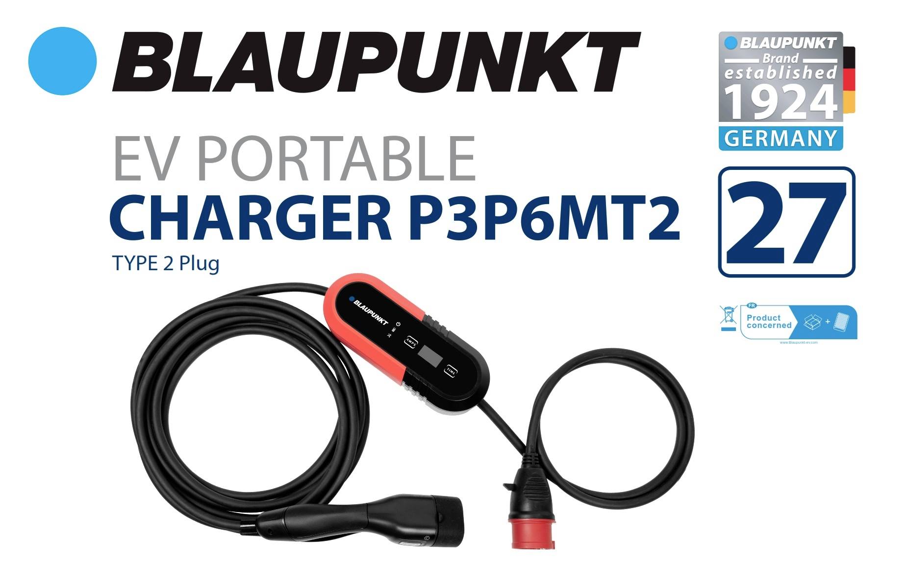 'BLAUPUNKT EV Portable Charger P3P6MT2' mit Typ 2 Stecker und Kabel. Markenlogo, Gründungsjahr 1924 in Deutschland, Produkt abgebildet.