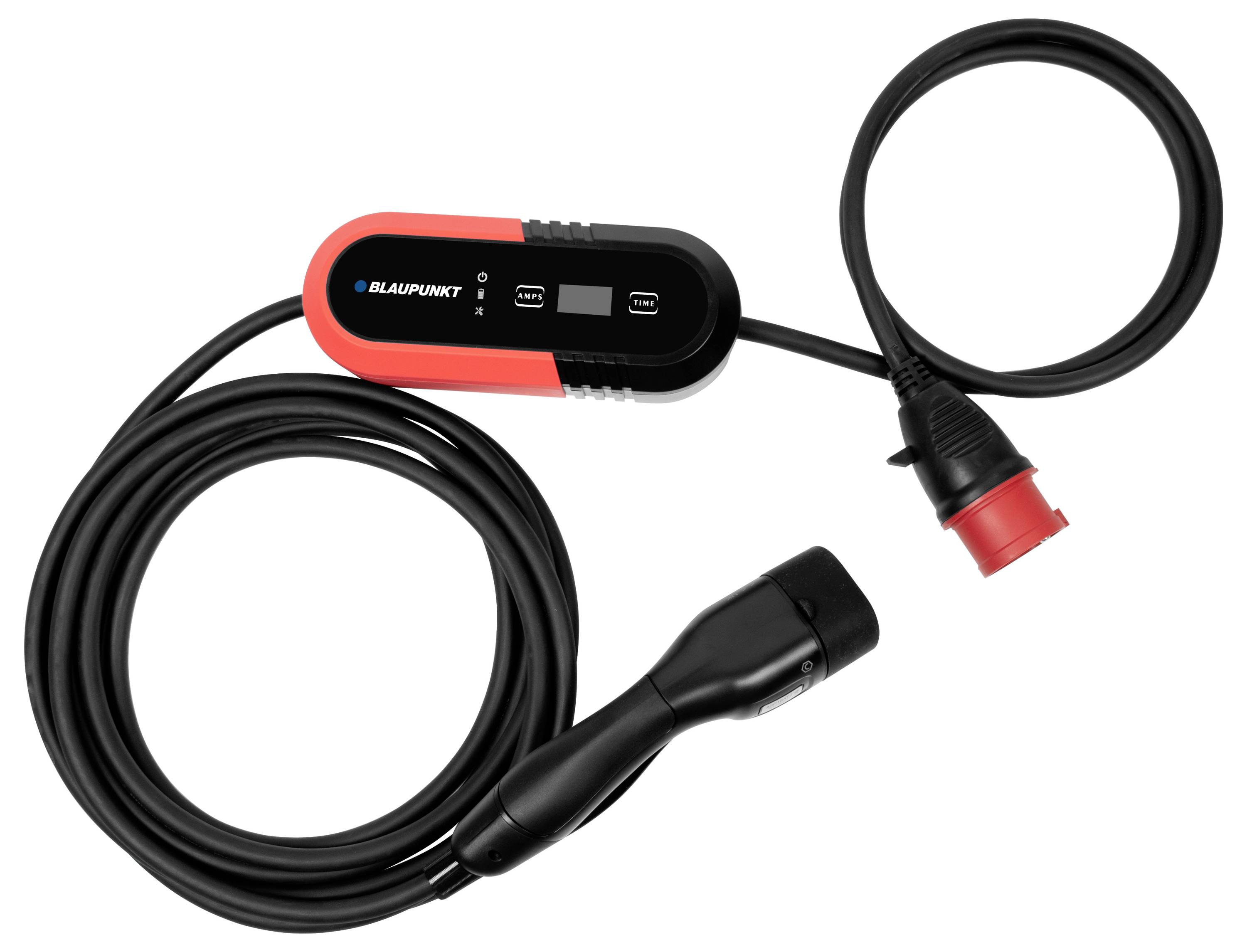 Ladekabel für Elektrofahrzeuge mit rotem und schwarzem Gehäuse, Markenlogo und Steckverbindungen auf weißem Hintergrund.