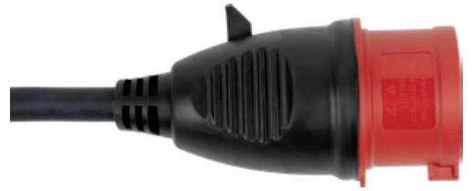 Ein schwarzer Stecker mit rotem Steckergehäuse, typischerweise für industrielle Anwendungen geeignet.