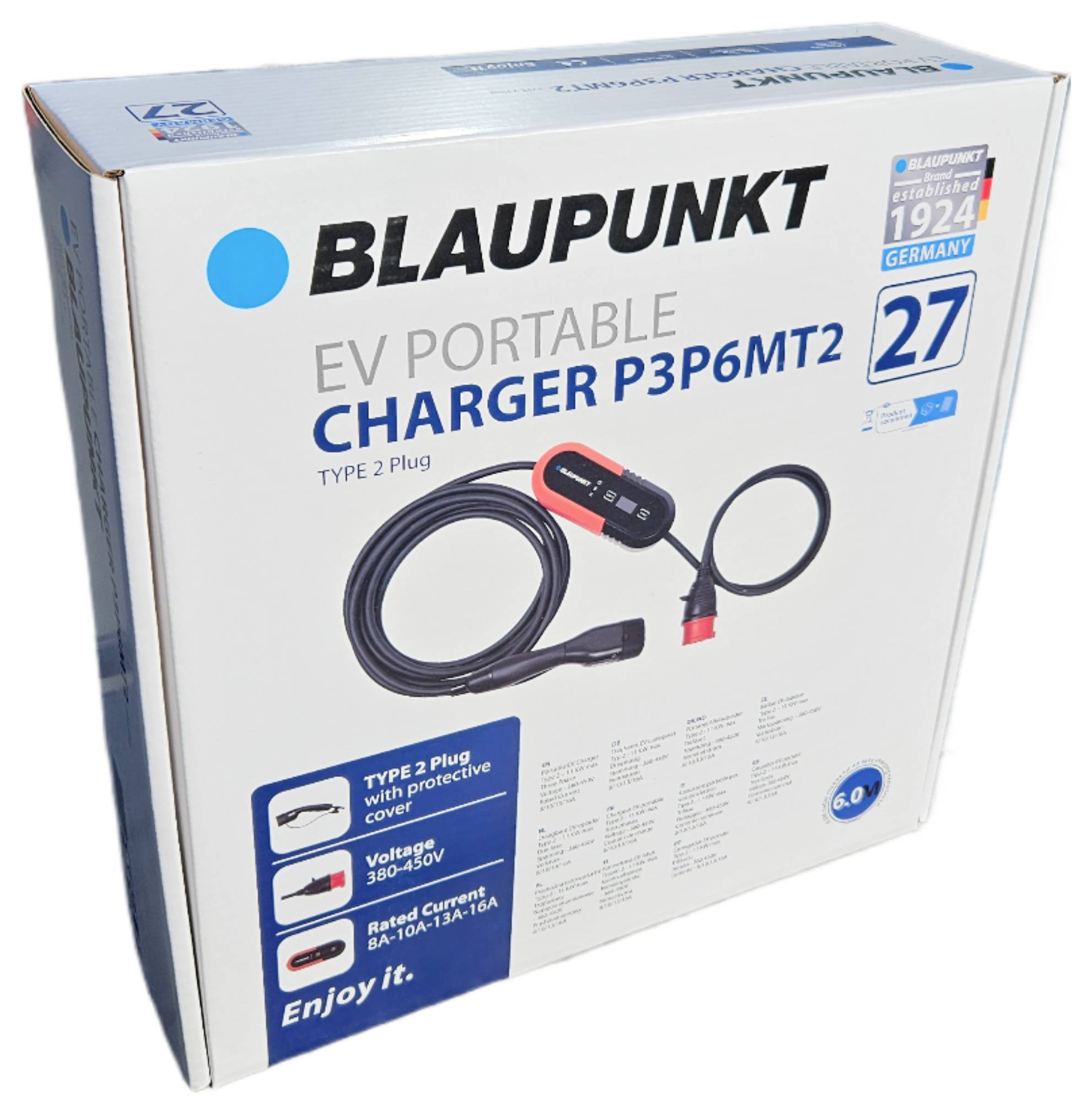 Ladegerät-Verpackung von BLAUPUNKT für Elektrofahrzeuge, Modellname P3P6MT2, spezifisch für Typ-2-Stecker und 380-430V Spannung.