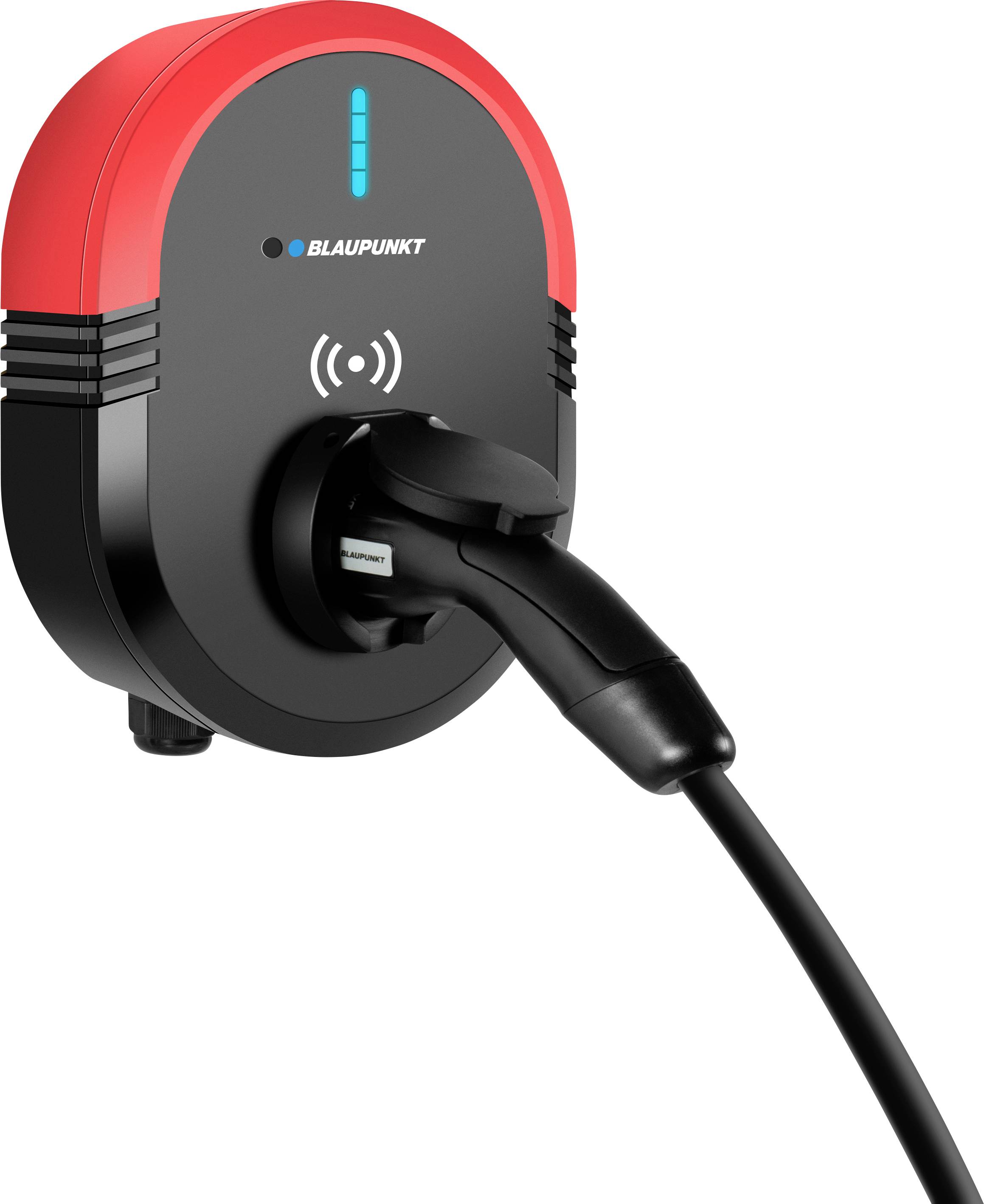 Elektroauto-Ladestation von Blaupunkt, mit rotem Rand und eingestecktem Ladekabel.