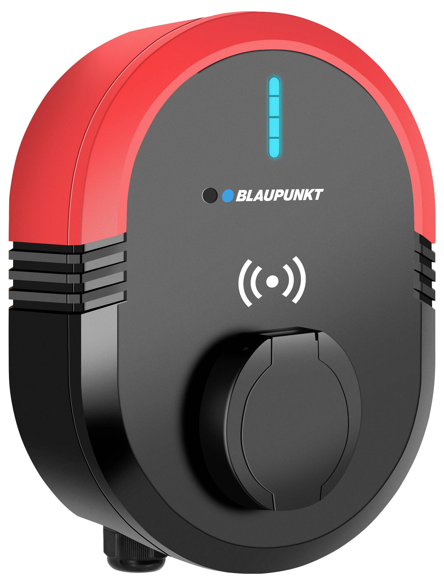 Ladestation von Blaupunkt mit LED-Anzeige und RFID-Symbol, zur Wandmontage für Elektrofahrzeuge.