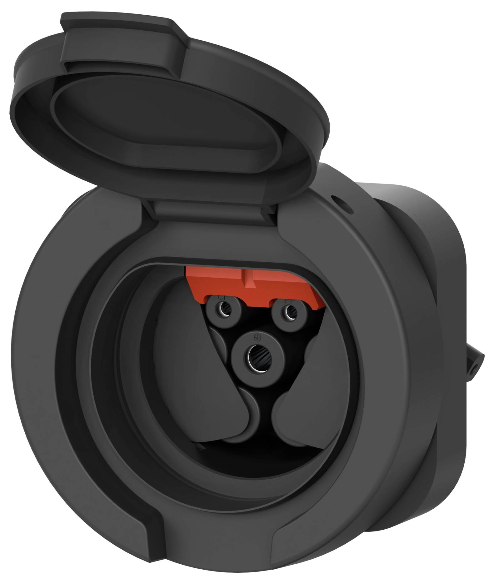 Schwarzer, runder Steckdosenanschluss mit geöffnetem Deckel, geeignet für Elektrofahrzeug-Ladestationen.