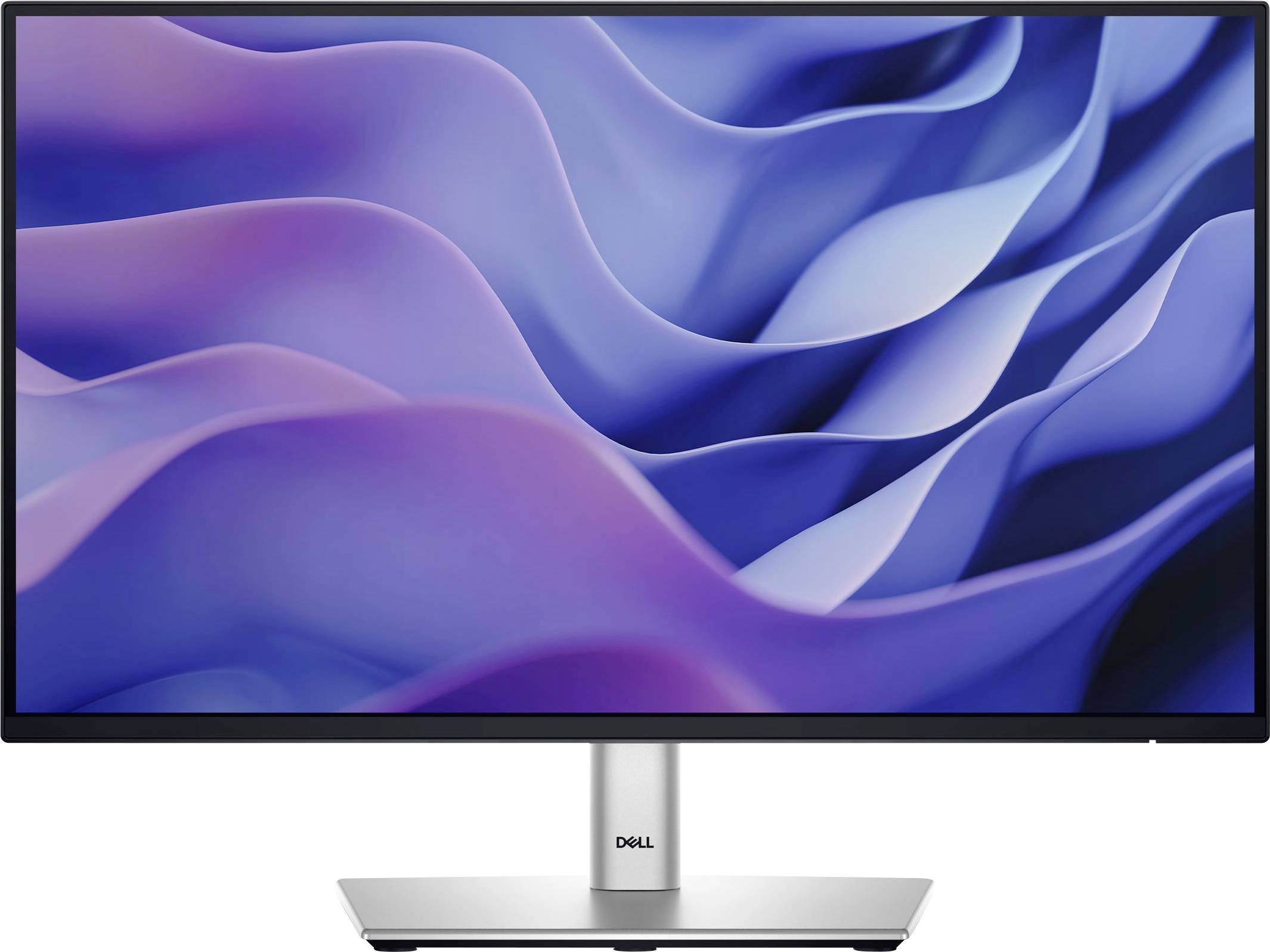Ein Computerbildschirm mit einem Hintergrundbild aus fließenden, blauen und violetten Wellen. Kein spezifischer Inhalt dargestellt.