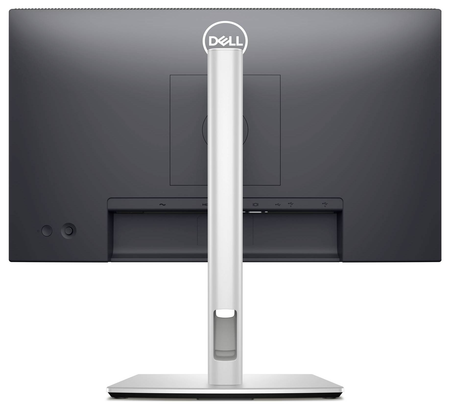 Rückseite eines schwarzen Monitors mit einem silbernen Standfuß, Logo oben.