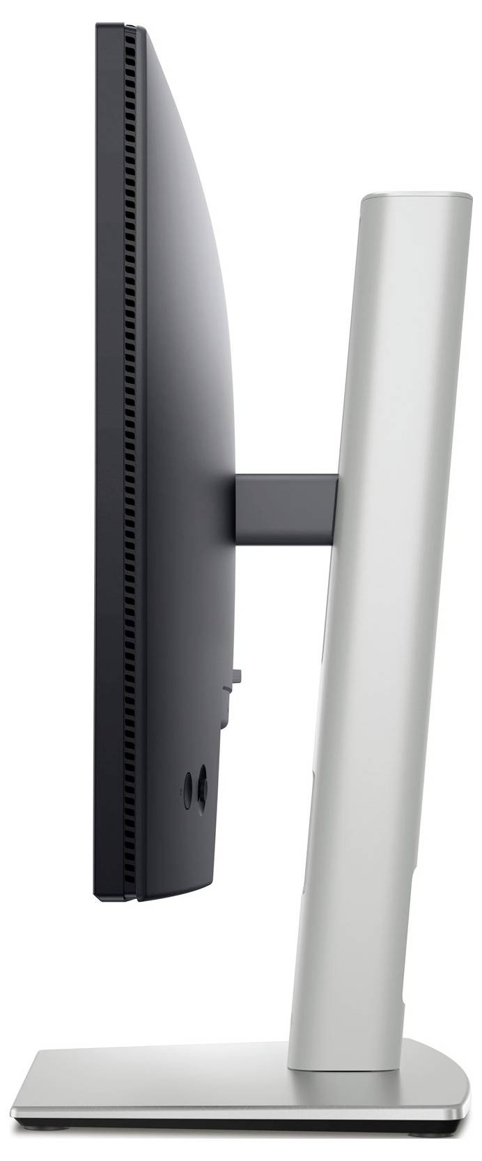 Seitenansicht eines Computerbildschirms auf einem Standfuß, zeigt das schlanke und minimalistische Design des Monitors.