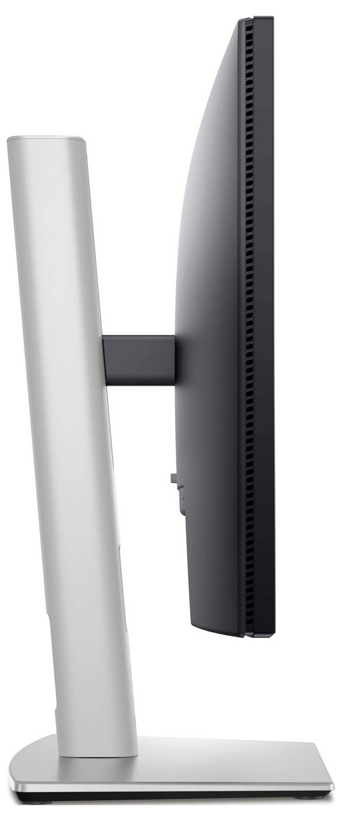 Flachbildschirm-Monitor von der Seite gesehen, mit schlankem silbernem Ständer und schwarzem Rahmen. Ideal für moderne Büros.