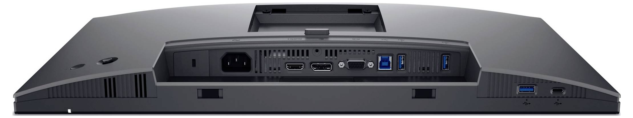 Rückseite eines Computermonitors mit Anschlüssen: Strom, HDMI, DisplayPort, USB 3.0. Geeignet für Geräteverbindungen.