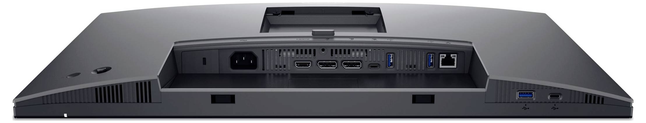 Rückseite eines Monitors mit mehreren Anschlüssen: Stromanschluss, HDMI, DisplayPort, USB-Anschlüsse und Ethernet-Port.
