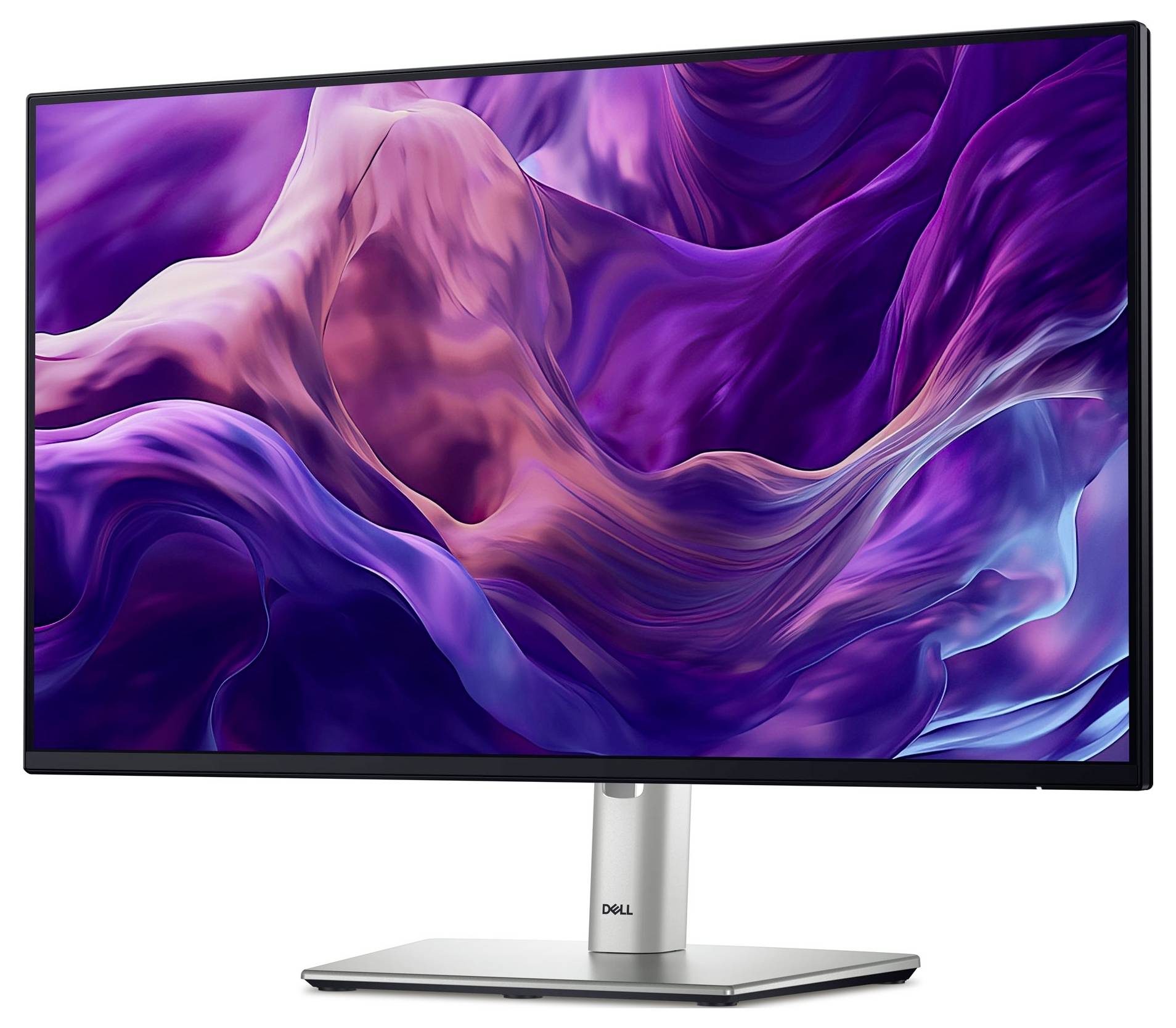 Flacher Computermonitor mit abstraktem, mehrfarbigem Hintergrund in Rosa- und Violetttönen. Ideal für kreative visuelle Arbeiten.