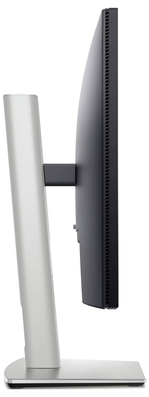 Seitenansicht eines Computerbildschirms mit einem flachen, dünnen Design und einem silbernen Standfuß.