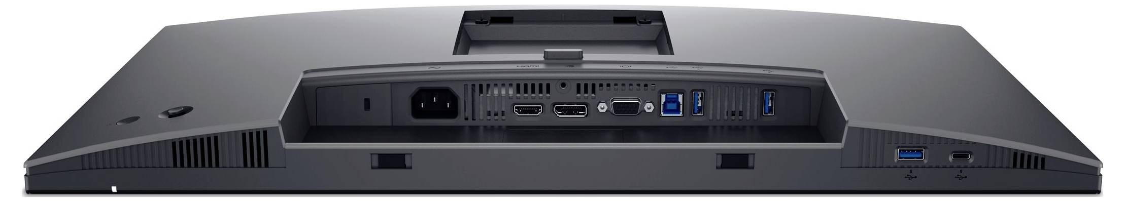 Rückansicht eines Monitors mit mehreren Anschlüssen: HDMI, DisplayPort, USB und Stromanschluss.