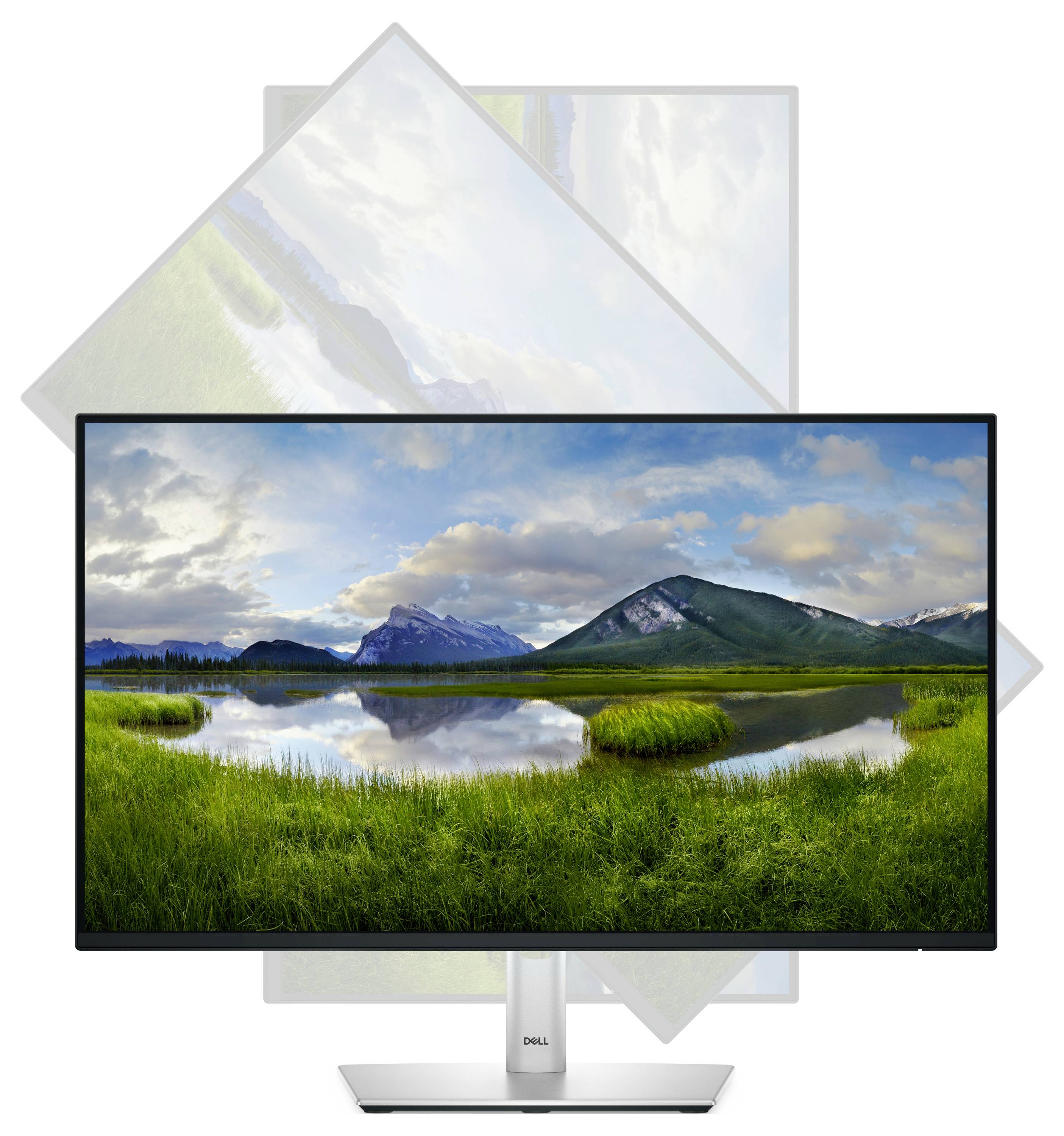 Ein Computerbildschirm zeigt eine Landschaft mit Bergen, Himmel und einem See, der die Szene spiegelt. Im Hintergrund unscharf.
