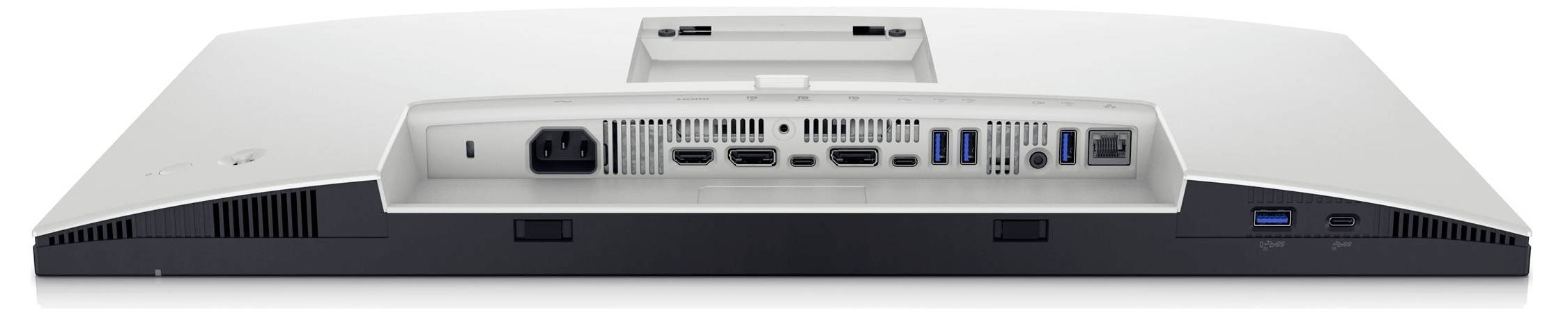 Rückseite eines Computermonitors mit diversen Anschlüssen, darunter HDMI, DisplayPort, USB und Stromanschluss.