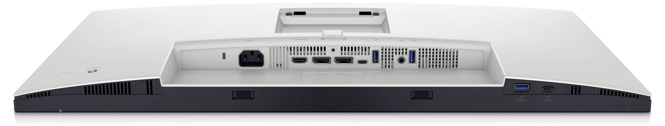 Rückansicht eines Computermonitors mit verschiedenen Anschlüssen, darunter HDMI, DisplayPort, USB- und Audio-Anschlüsse.