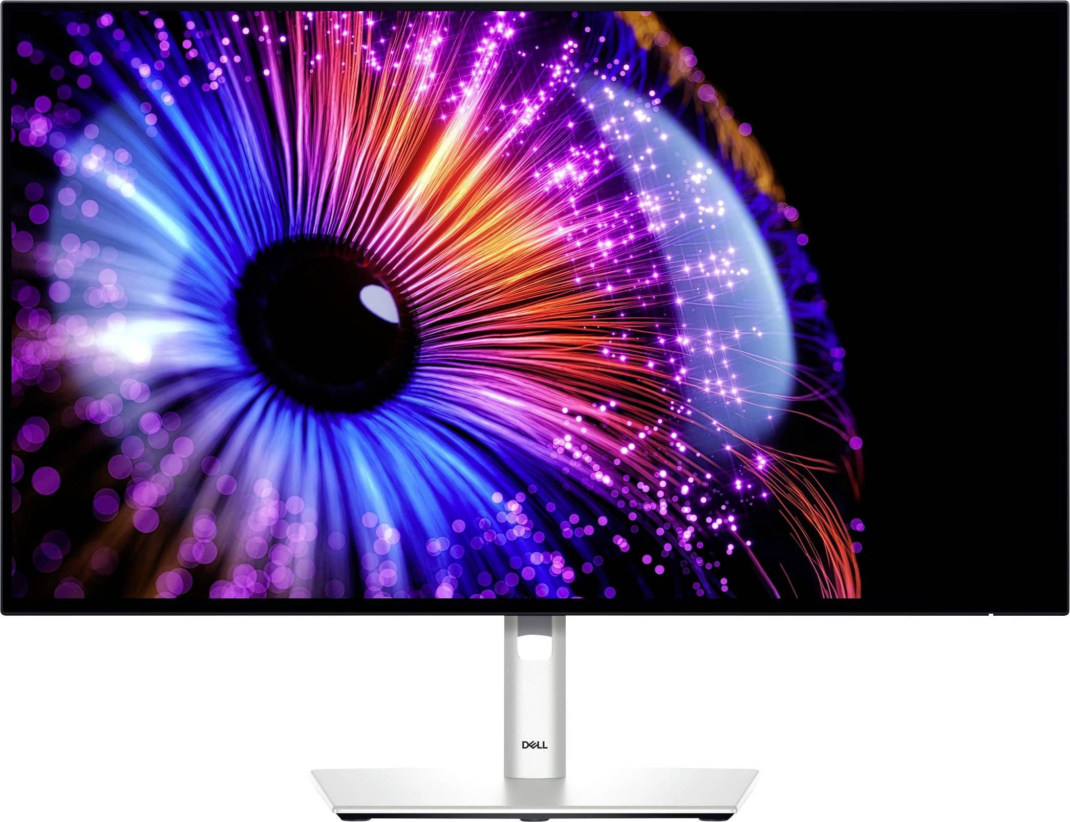 Ein Monitor mit einem lebendigen Bild eines bunten Musterkreises, das an ein Auge erinnert, dargestellt in leuchtenden Blau- und Rottönen.