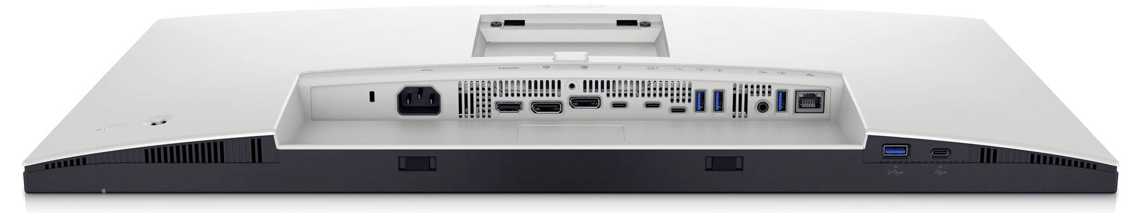 Rückseite eines Computerbildschirms mit mehreren Anschlüssen, einschließlich HDMI, DisplayPort, USB und Stromanschluss.