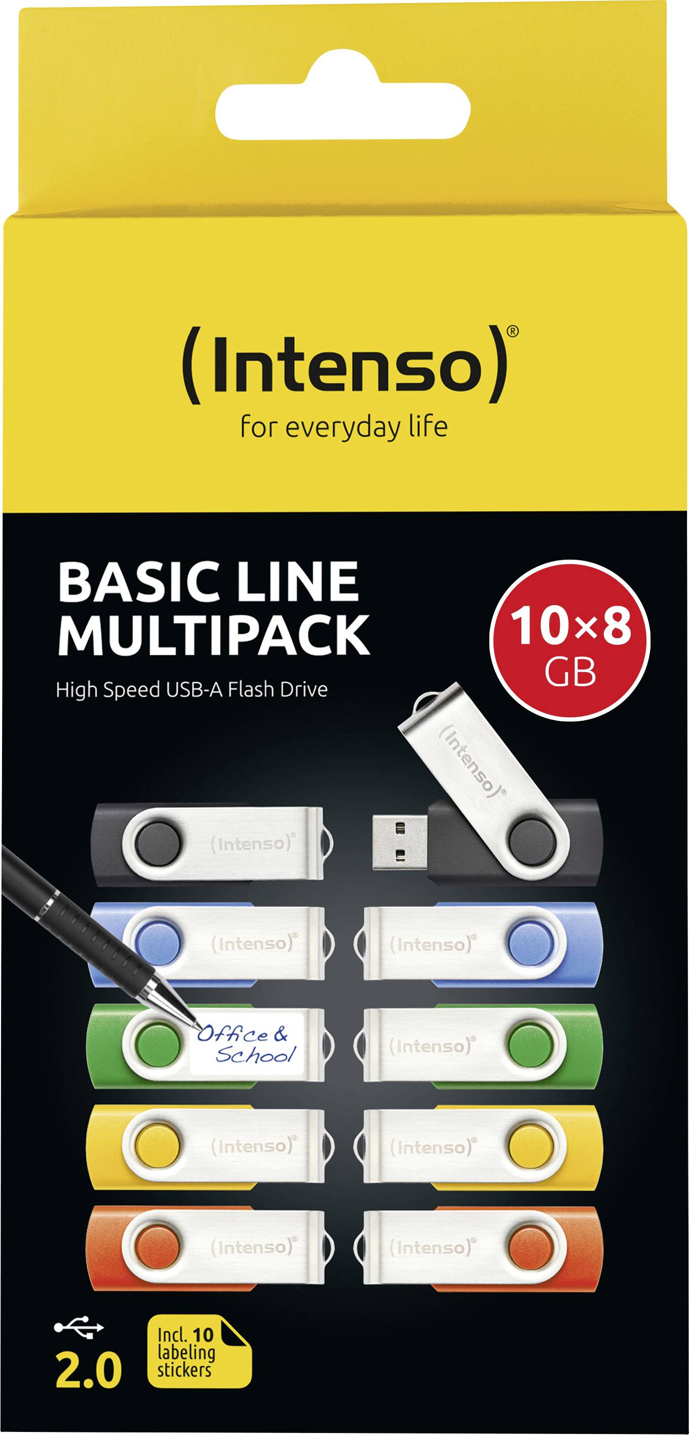 'Intenso Basic Line Multipack' USB-A Flash Drive Set mit zehn 8GB-Sticks in verschiedenen Farben und zehn beschriftbaren Aufklebern.