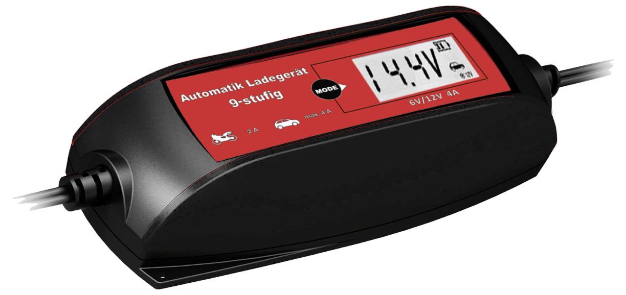 Ein automatisches 9-stufiges Ladegerät mit einer Anzeige, die '14.4V' zeigt. Geeignet für 6V/12V mit 4A, inklusive Motorrad- und Autologo.