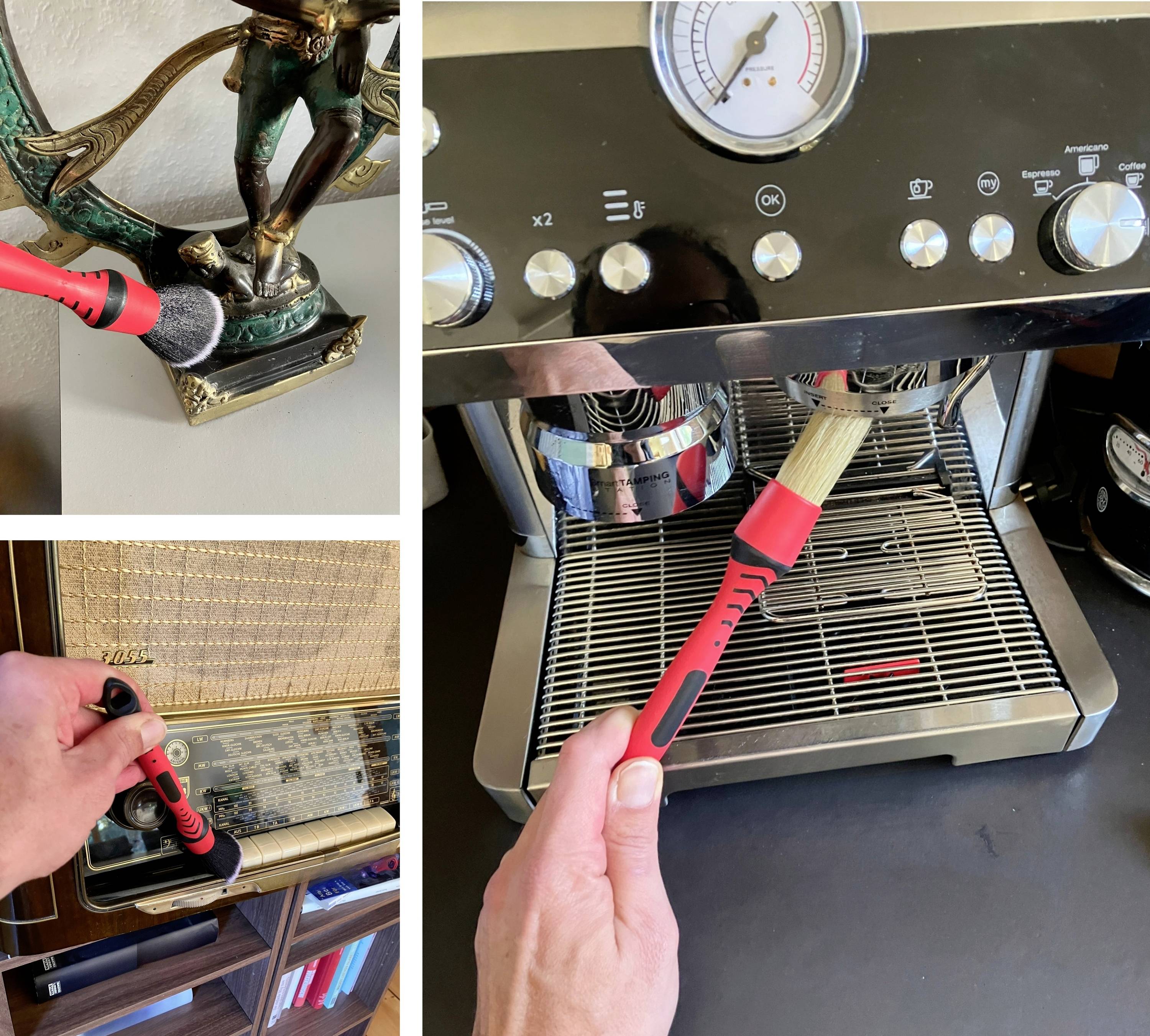 Eine Person verwendet einen Pinsel, um staubige Oberflächen zu reinigen: eine Statue, eine Tischplatte und eine Kaffeemaschine.