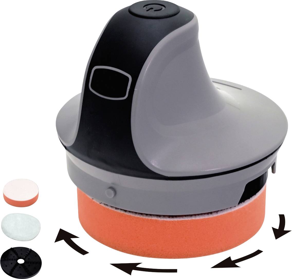 Ein elektrisches Reinigungsgerät mit orangefarbener Schwammscheibe und vier austauschbaren Pads in verschiedenen Farben für vielseitige Anwendungen.