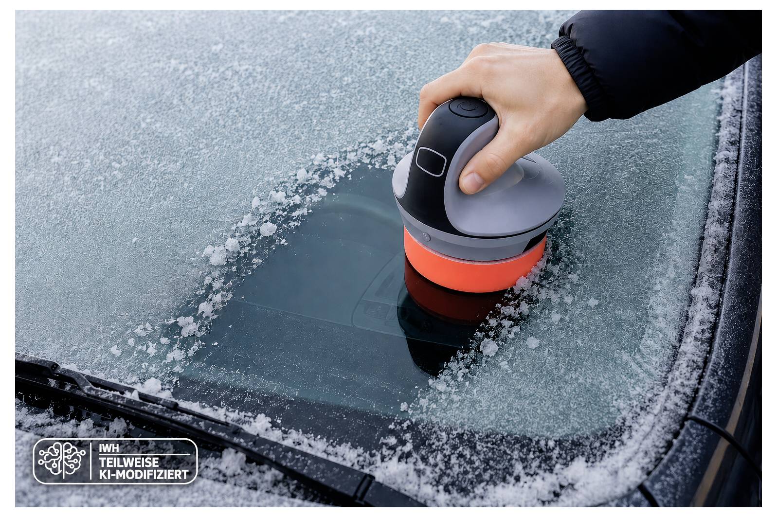 Eine Hand benutzt einen elektrischen Eiskratzer auf einer gefrorenen Autoscheibe und räumt dabei eine kreisförmige Eisfläche bei kaltem Wetter frei.