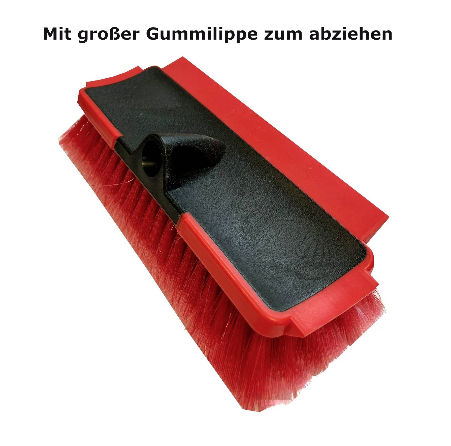 Kehrschaufel in Rot und Schwarz mit großer Gummilippe zum Abziehen, geeignet für effektives Kehren und Entfernen von Wasser.