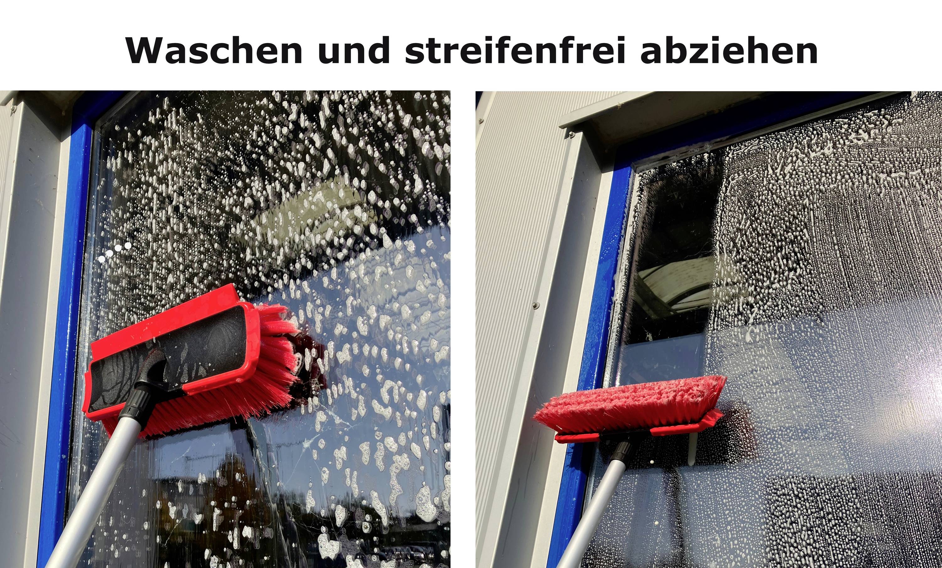 Zwei Bilder zeigen Fensterreinigung: Links ein Fenster mit einem rot-borsten Besen und Seifenwasser, rechts dasselbe Fenster klar.