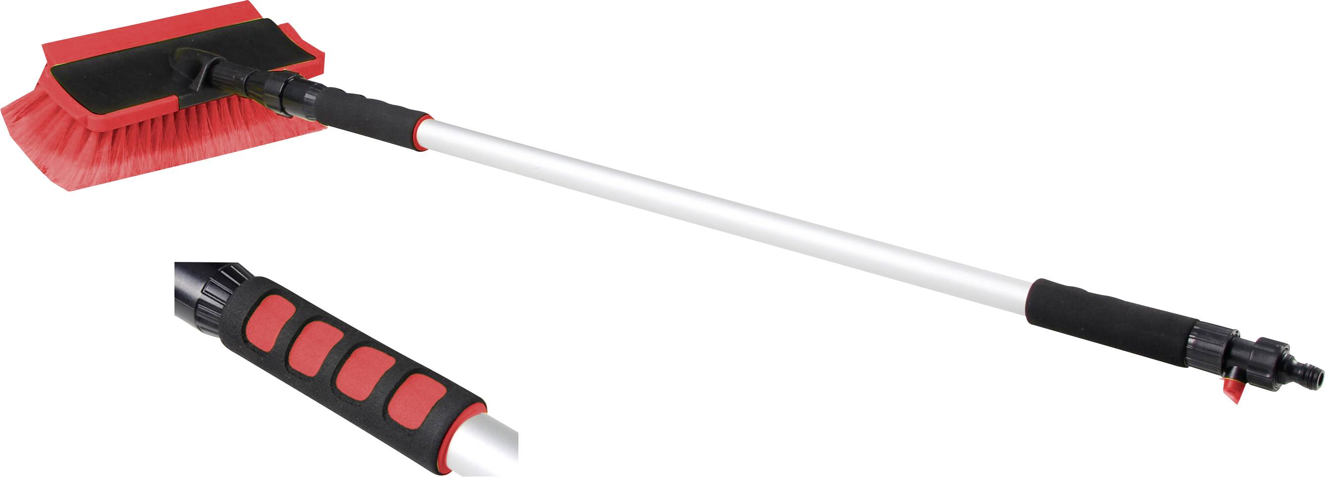 Teleskopische Waschbürste mit rotem Bürstenkopf und schwarzem, rotem Griff. Geeignet für die Reinigung von Autos und großen Oberflächen.