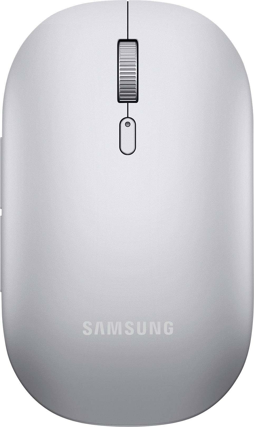 Draufsicht auf eine silberne Samsung-Computermaus mit Scrollrad. Das Design ist minimalistisch und kabellos für einfache Benutzung.