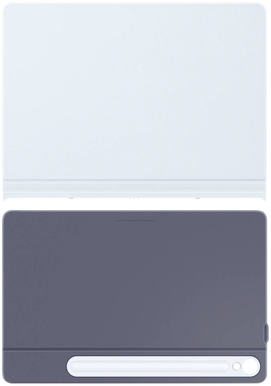 Zwei Tablet-Etuis, eines in Weiß, das andere in Dunkelgrau. Beide sind geschlossen und zeigen Rückseite mit der Kameraaussparung.