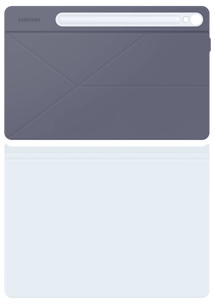 Tablet-Rückseite in einem dunklen, minimalistischen Design mit Kameramodul und Firmenlogo sichtbar, dargestellt vor einem hellen Hintergrund.