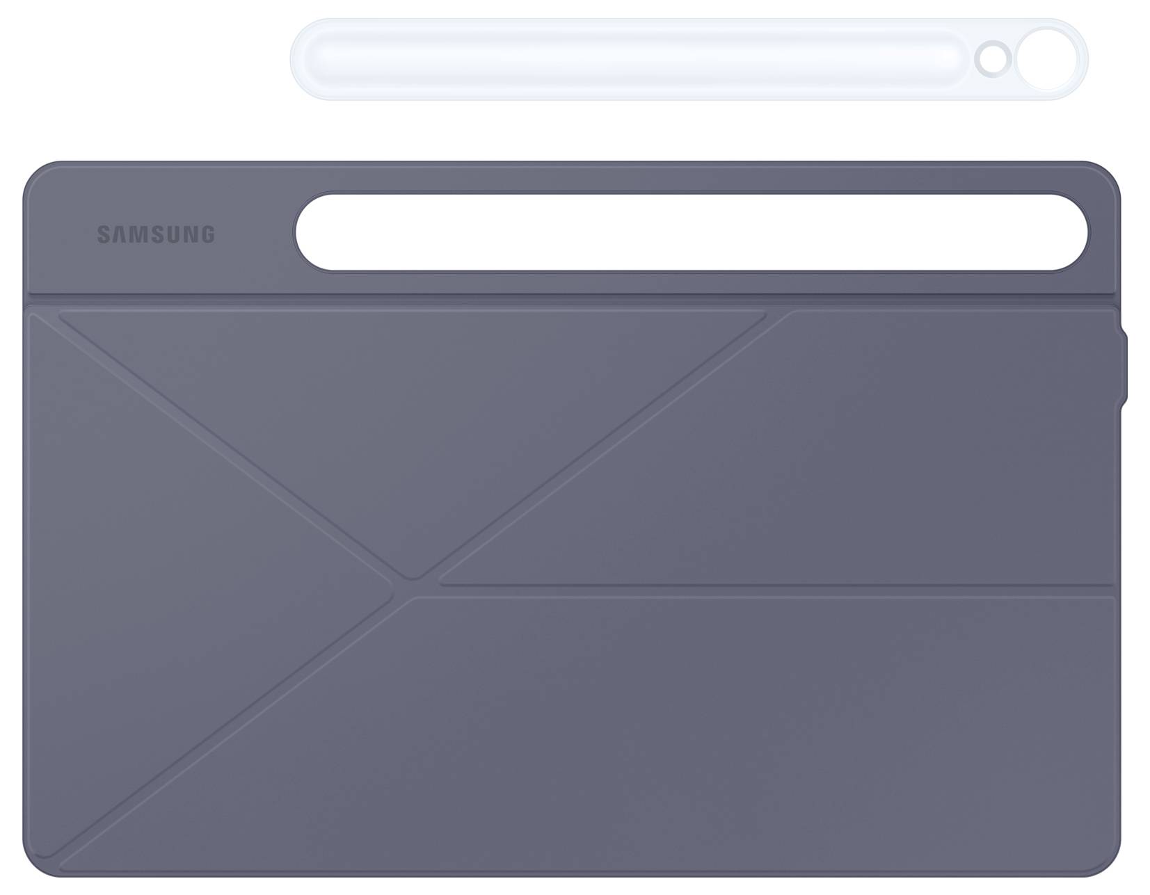 Graues Samsung-Tablethülle mit integrierter Stifthalterung, bietet Schutz und Funktionalität. Oben liegt ein länglicher Knopf.