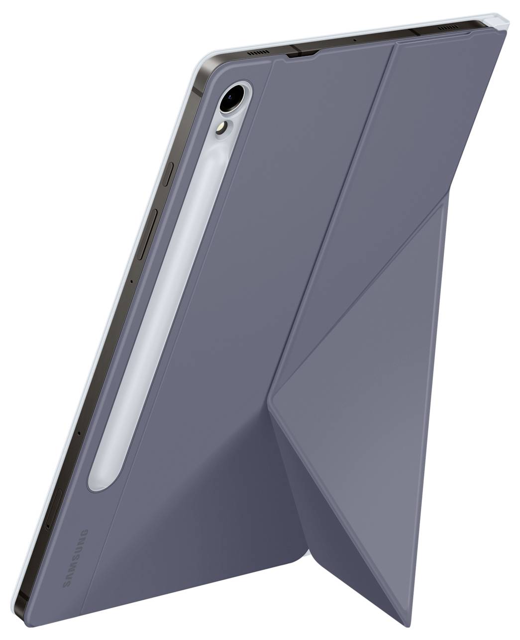 Tablet mit grauer Schutzhülle, auffälliges gefaltetes Rückendesign. Links Kamera und Lautstärkeregler sichtbar.