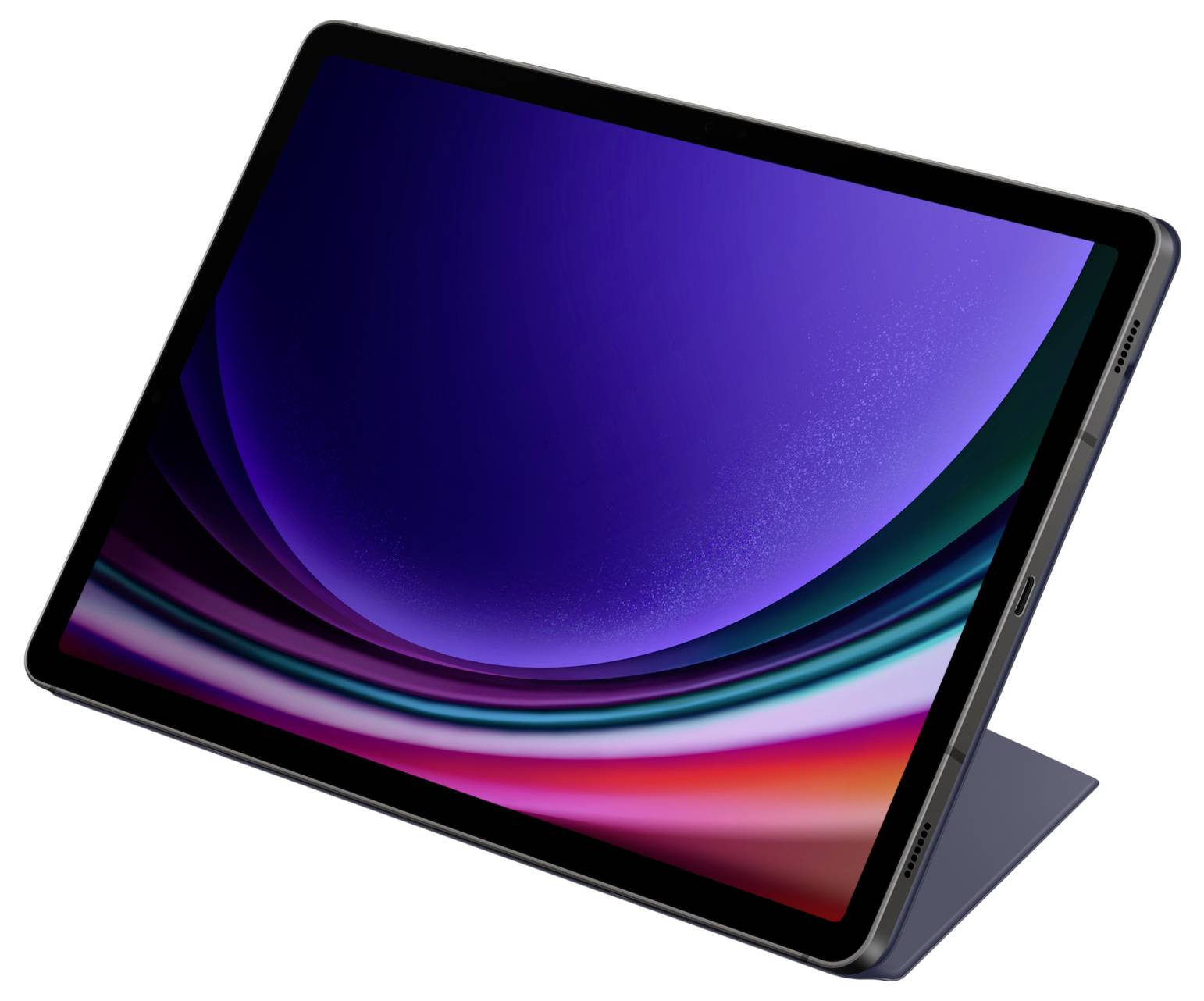 Ein modernes Tablet mit abnehmbarer Tastatur steht in einem Winkel. Der Bildschirm zeigt bunte, geschwungene Linien auf dunklem Hintergrund.