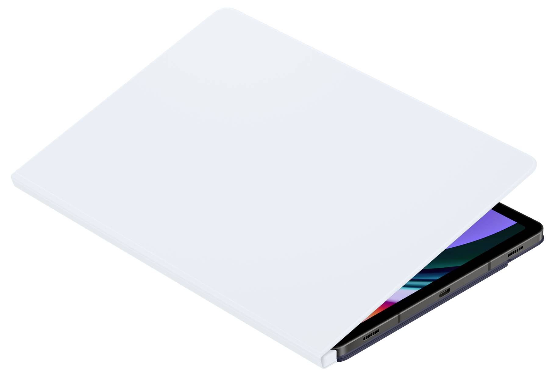 Ein halbgeöffneter Laptop mit einem hellen Bildschirm ist teilweise von einem weißen Deckel verdeckt.