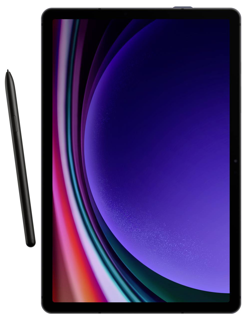 Ein Tablet mit Stylus, Bildschirm zeigt eine abstrakte, farbenfrohe Grafik. Geeignet für kreative Anwendungen und Notizen.