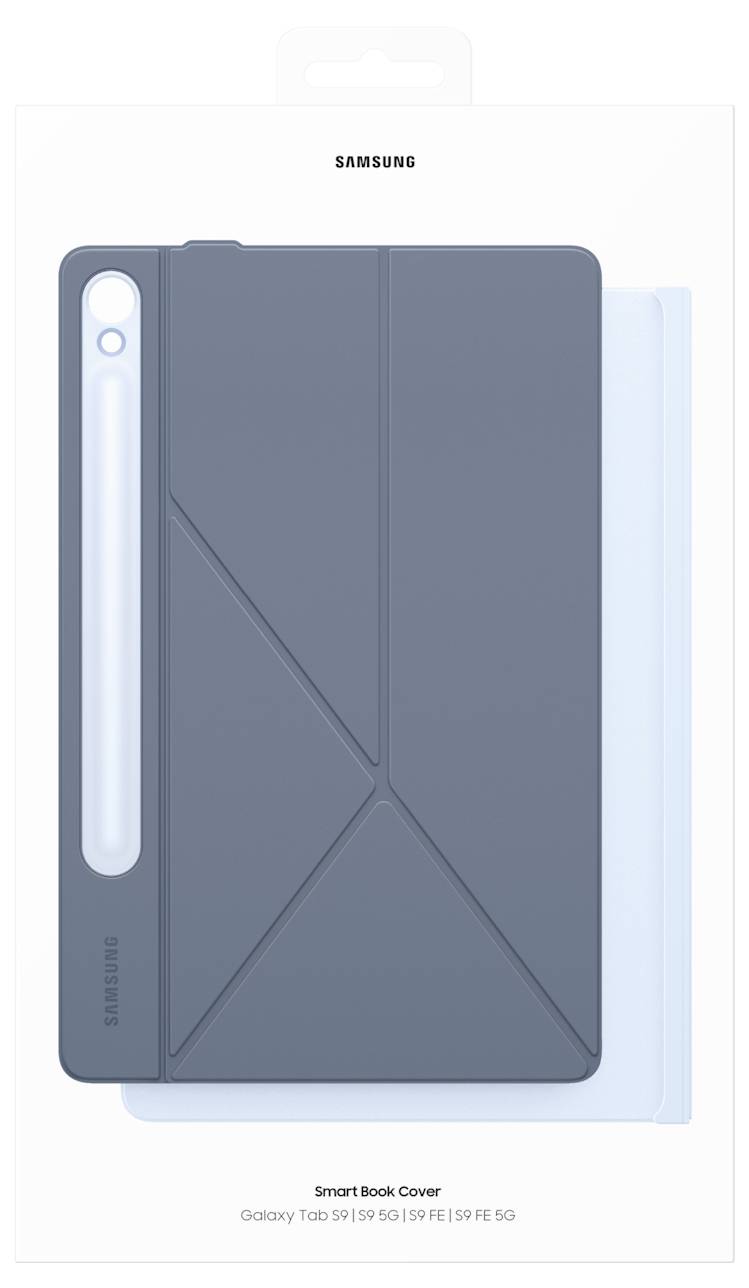 Blaue Samsung Hülle für Galaxy Tab S9, S9+, S9 FE und S9 FE+. In geschlossener Verpackung dargestellt.