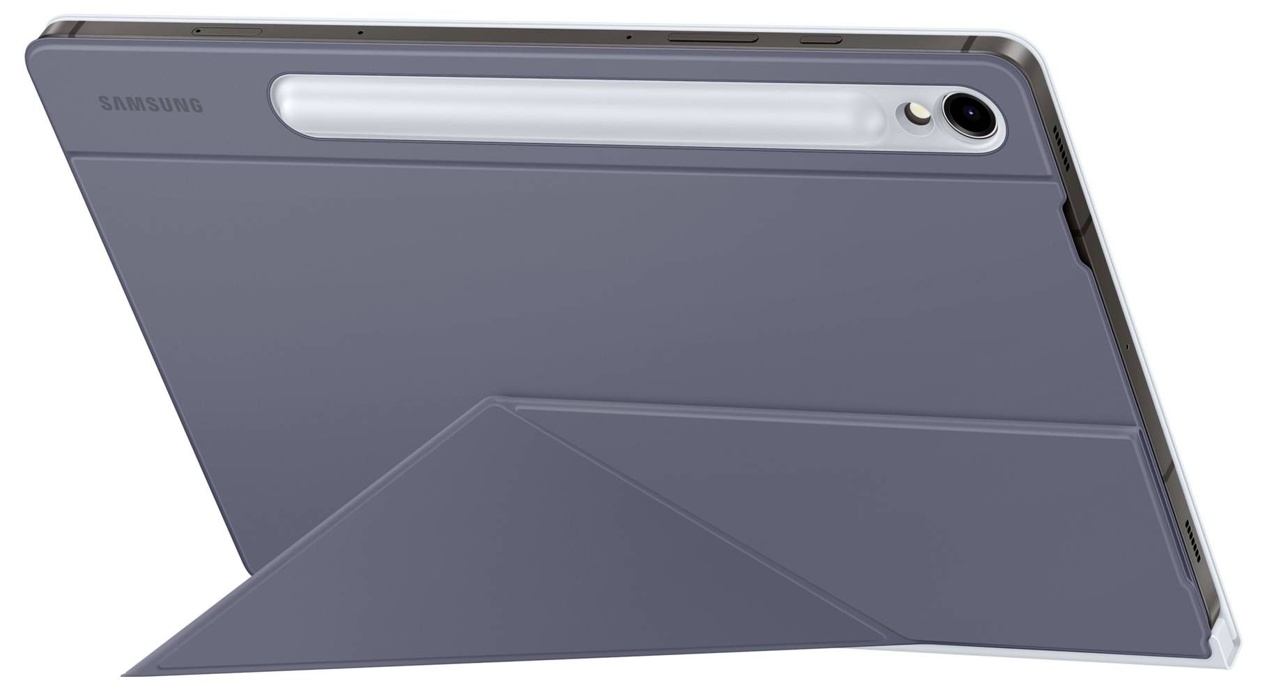 Das Bild zeigt ein Tablet mit einer grauen Hülle und Stift. Es befindet sich in einer aufgestellten Position, Rückseite sichtbar.