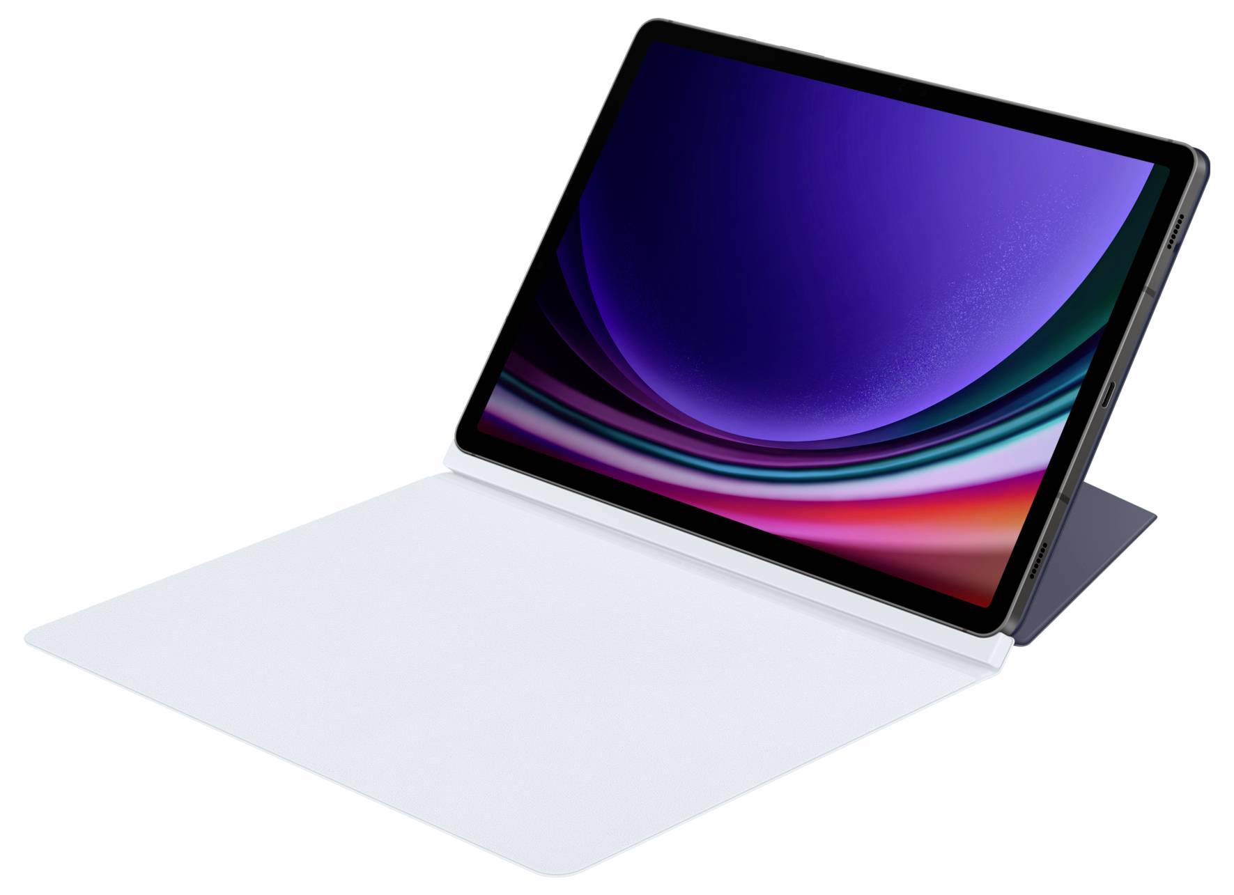 Tablet mit schwarzem Rahmen und bunter Wellen-Tapete, liegt auf einem offenen weißen Cover auf einer flachen Oberfläche.