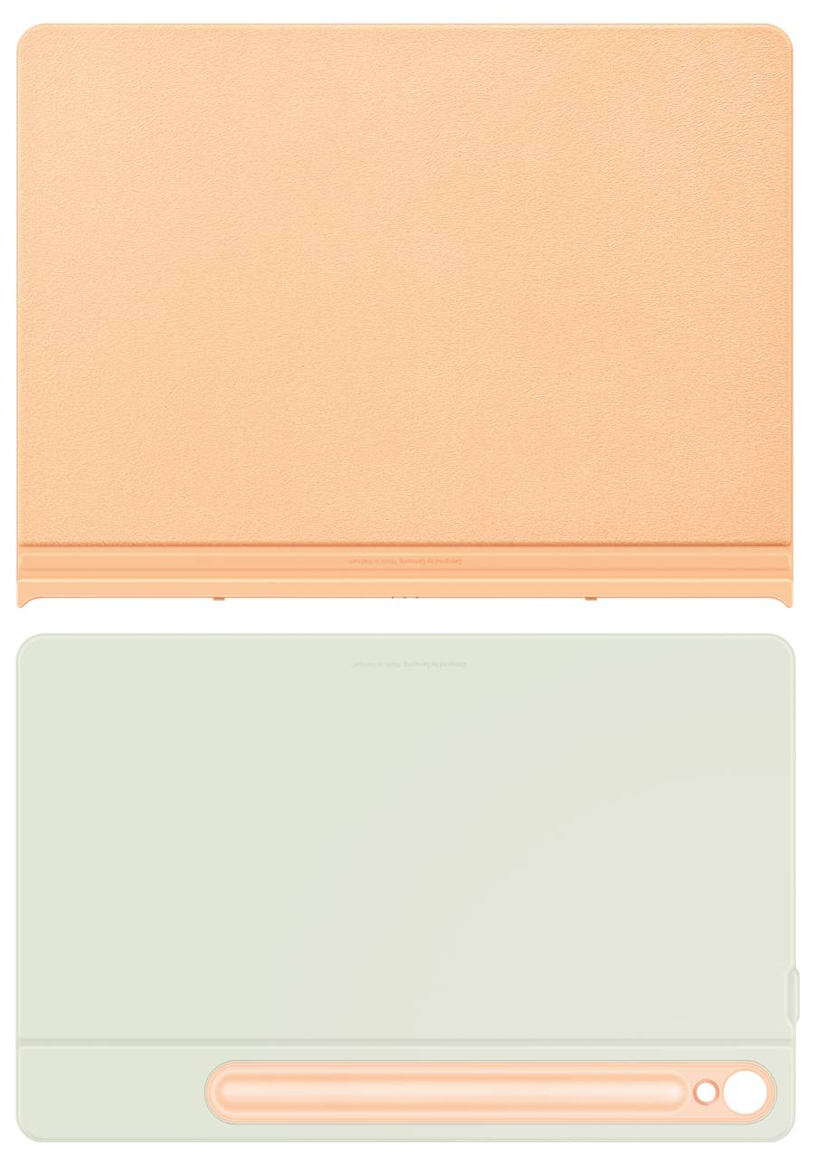 Orange Hülle für Tablet mit Tastaturanschluss und magnetischem Klappmechanismus, bereit zur Verwendung mit passender Hardware.