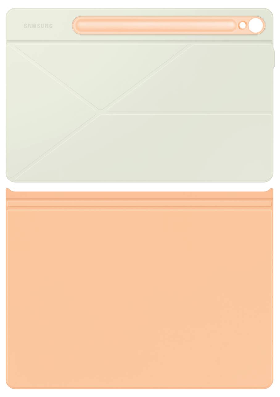 Zwei Tablet-Hüllen in Pastelltönen, eine in Hellgrün, die andere in Pfirsichfarbe, nebeneinander liegend.