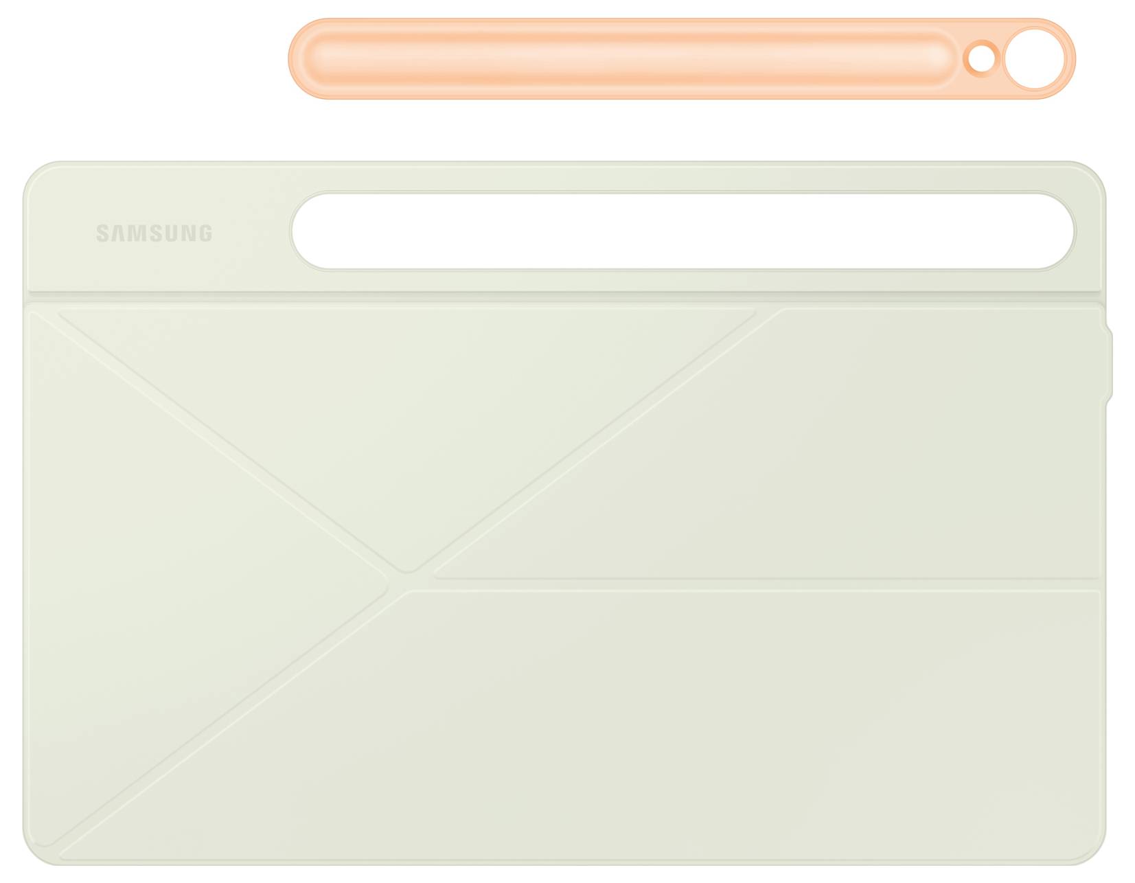 Helles Etui für ein Tablet mit schlichtem Design. Oberhalb liegt ein orangefarbener Eingabestift mit runder Spitze.