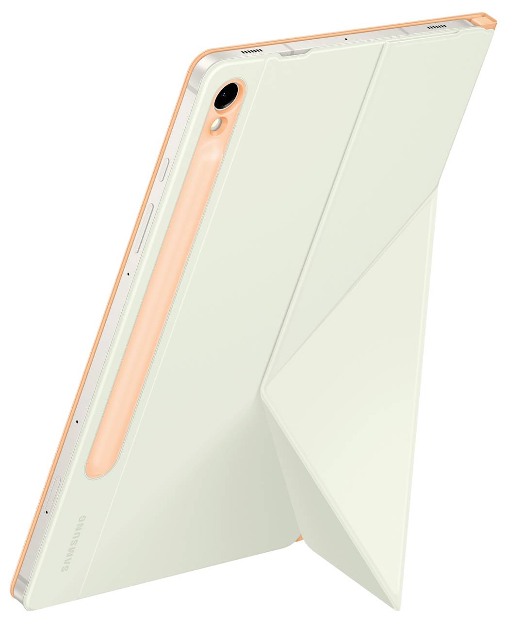 Ein Tablet mit einem orangefarbenen Stift auf der Rückseite und einer aufgeklappten Schutzhülle, die als Ständer fungiert.