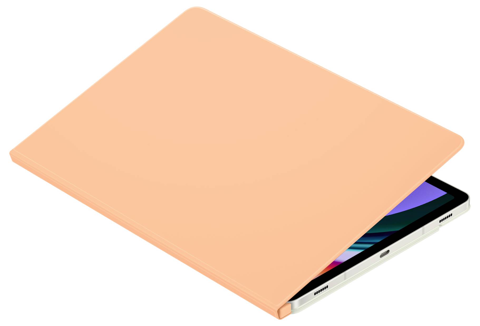 Ein Tablet mit orangefarbener Hülle ist teilweise geschlossen zu sehen.